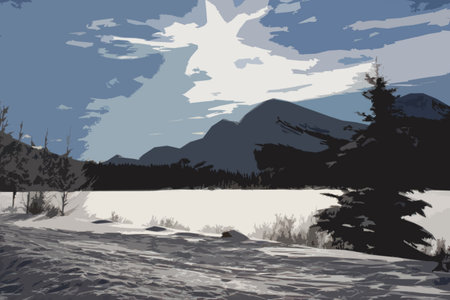 a frozen lake in front of a mountain in the rockies under a blue skyのイラスト素材