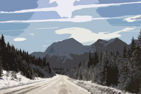 an icy road in front of a mountain under a blue skyのイラスト素材
