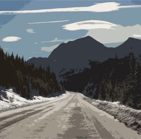 Rocky mountain scene under a cloudy blue skyのイラスト素材