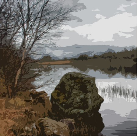 heavy clouds over a still lake in snowdoniaのイラスト素材