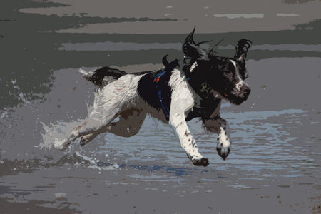 working type engish springer spaniel pet gundog jumping on a sandy beachのイラスト素材