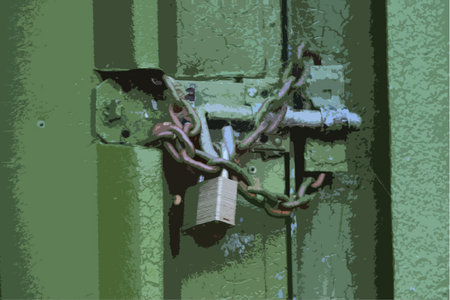padlock and chain securing a green metal doorのイラスト素材
