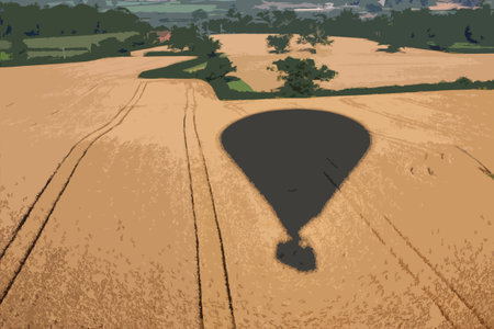 Shadow of a hot air balloon flying over rural farmlandのイラスト素材