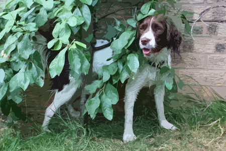 cute working type english springer spaniel hiding behind a treeのイラスト素材