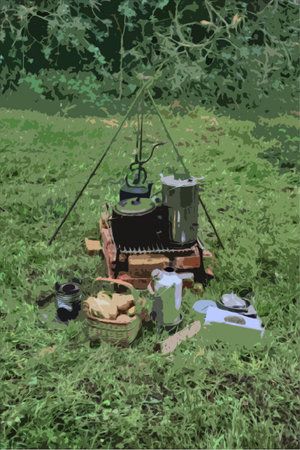 old fashioned cooking pots over an open fireのイラスト素材