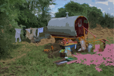 an old gipsy caravan set up in a campのイラスト素材