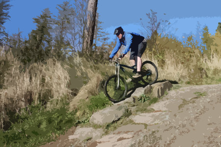 mountain biker in blue riding down a hillのイラスト素材