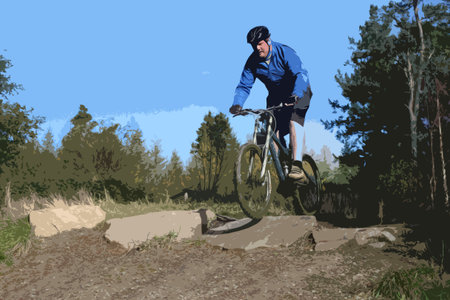mountain biker in blue riding down a hillのイラスト素材