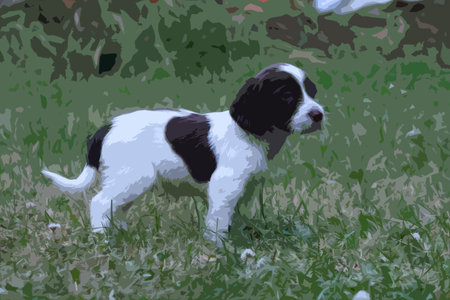 very cute liver and white working type english springer spaniel pet gundog puppyのイラスト素材