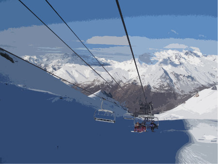 winter alpine mountain scene under a blue skyのイラスト素材