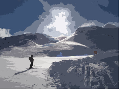 skier on a windblown snow covered piste under blue skyのイラスト素材
