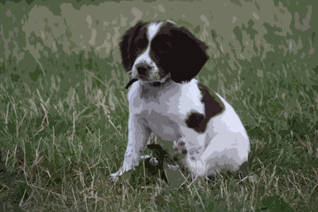 Very cute young liver and white working type english springer spaniel pet gundog puppyのイラスト素材