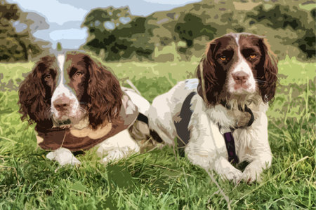 two pretty liver and white working type english springer spaniel pet gundogsのイラスト素材