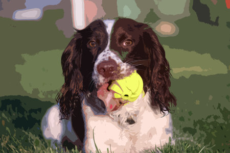 A working type english springer spaniel pet gundog with a yellow tennis ballのイラスト素材