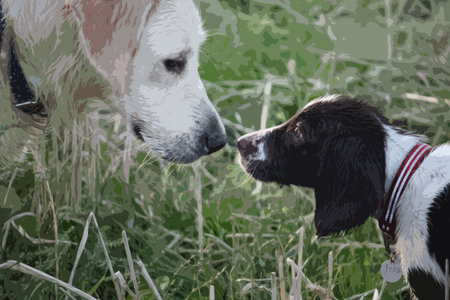 springer spaniel and golden retreiver pet gundogs friends kissingのイラスト素材