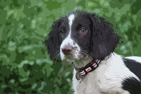 close up of a cute working type english springer spaniel pet gundogのイラスト素材