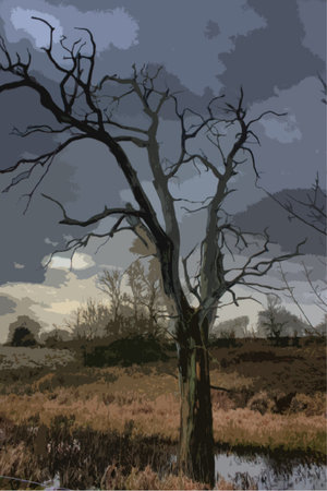 dead tree silhouette against a dark grey cloudy skyのイラスト素材