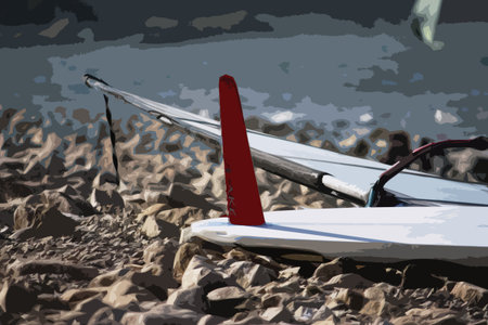 windsurfing board with fin upturned on a beachのイラスト素材