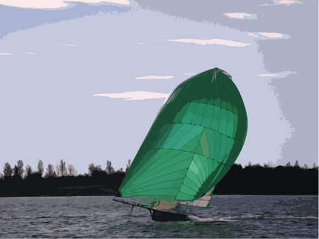 Dinghy sailboat sailing on a lake under a blue skyのイラスト素材