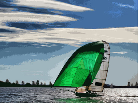 Dinghy sailboat sailing on a lake under a blue skyのイラスト素材