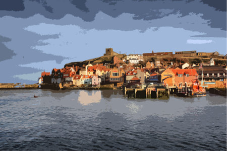 Whitby East Cliff buildings from West Cliff side of the esk estuaryのイラスト素材