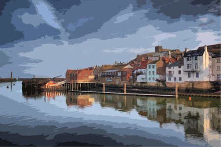 Whitby East Cliff buildings from West Cliff side of the esk estuaryのイラスト素材