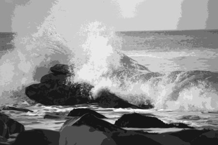 waves crashing over rocks on the sea shore in black and whiteのイラスト素材