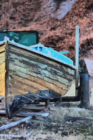 An old clinker built wooden working fishing boat on a trailerのイラスト素材