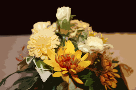 small table decoration of yellow and white flowersのイラスト素材
