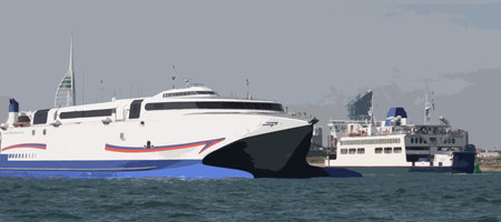 fast catamaran ferry leaving portsmouth harbourのイラスト素材