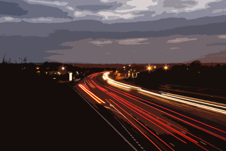 car light trails on a busy motorway at duskのイラスト素材