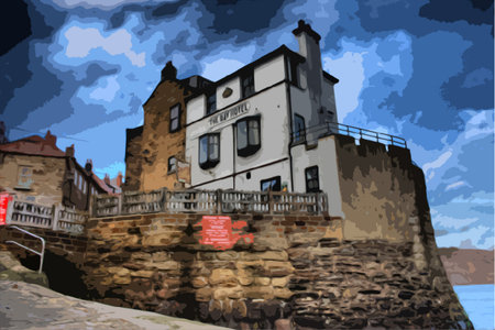 the hotel at the sea shore in robin hoods bay ukのイラスト素材