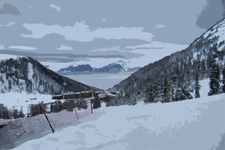 winter alpine mountain scene under a blue skyのイラスト素材