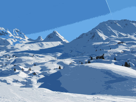 winter alpine mountain scene under a blue skyのイラスト素材