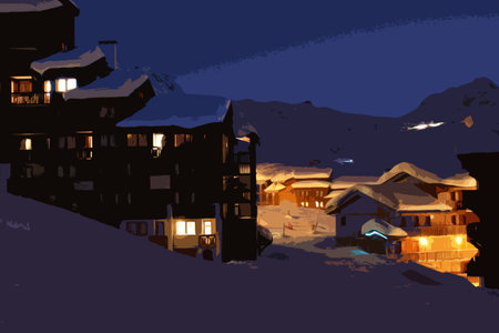 La Plagne alpine village at nightのイラスト素材