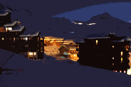 La Plagne alpine village at nightのイラスト素材