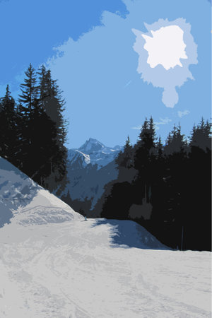 winter alpine mountain scene under a blue skyのイラスト素材