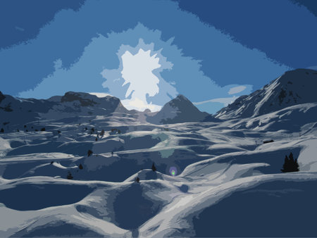 winter alpine mountain scene under a blue skyのイラスト素材