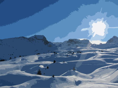 winter alpine mountain scene under a blue skyのイラスト素材