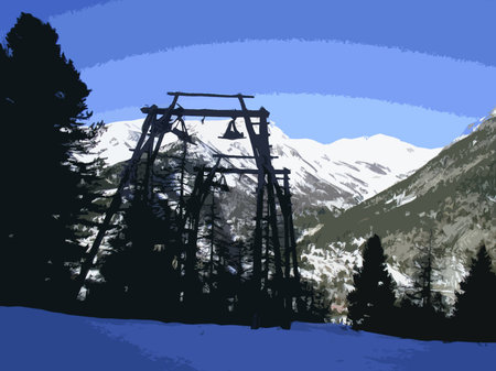 winter alpine mountain scene under a blue skyのイラスト素材