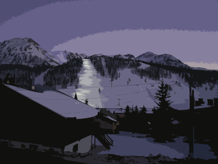 winter alpine mountain scene under a blue skyのイラスト素材