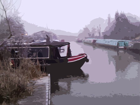 canal boat on a frozen canal in winterのイラスト素材