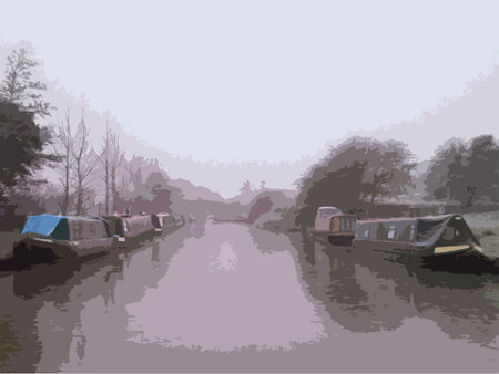 canal boats at the side of a frozen canal water in winterのイラスト素材