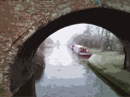 bridge over frozen canal water in winterのイラスト素材
