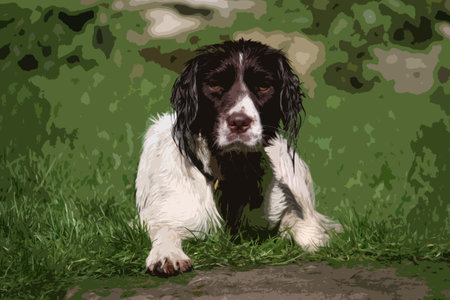 cute liver and white working type english springer spaniel pet gundog lying downのイラスト素材