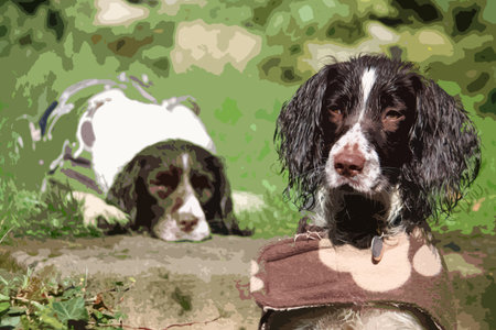 two pretty liver and white working type english springer spaniel pet gundogsのイラスト素材