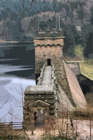 derwent reservoir dam breakwater under a cloudy skyのイラスト素材