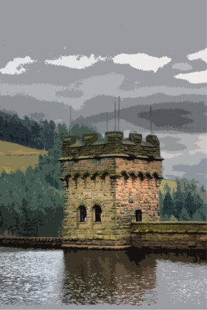 derwent reservoir dam breakwater under a cloudy skyのイラスト素材