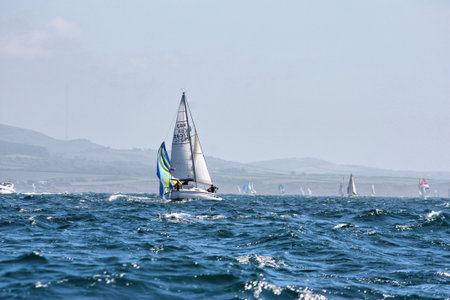 Sailing boats at sea during the round the Island Raceの写真素材