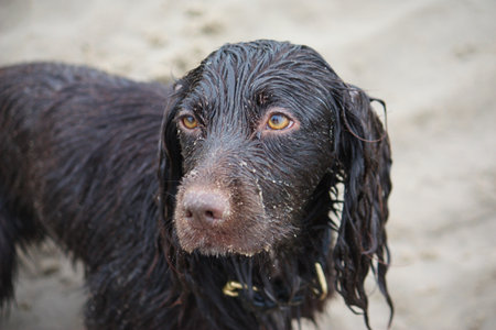Handsome wet chocolate working type cocker spaniel puppy dogの写真素材